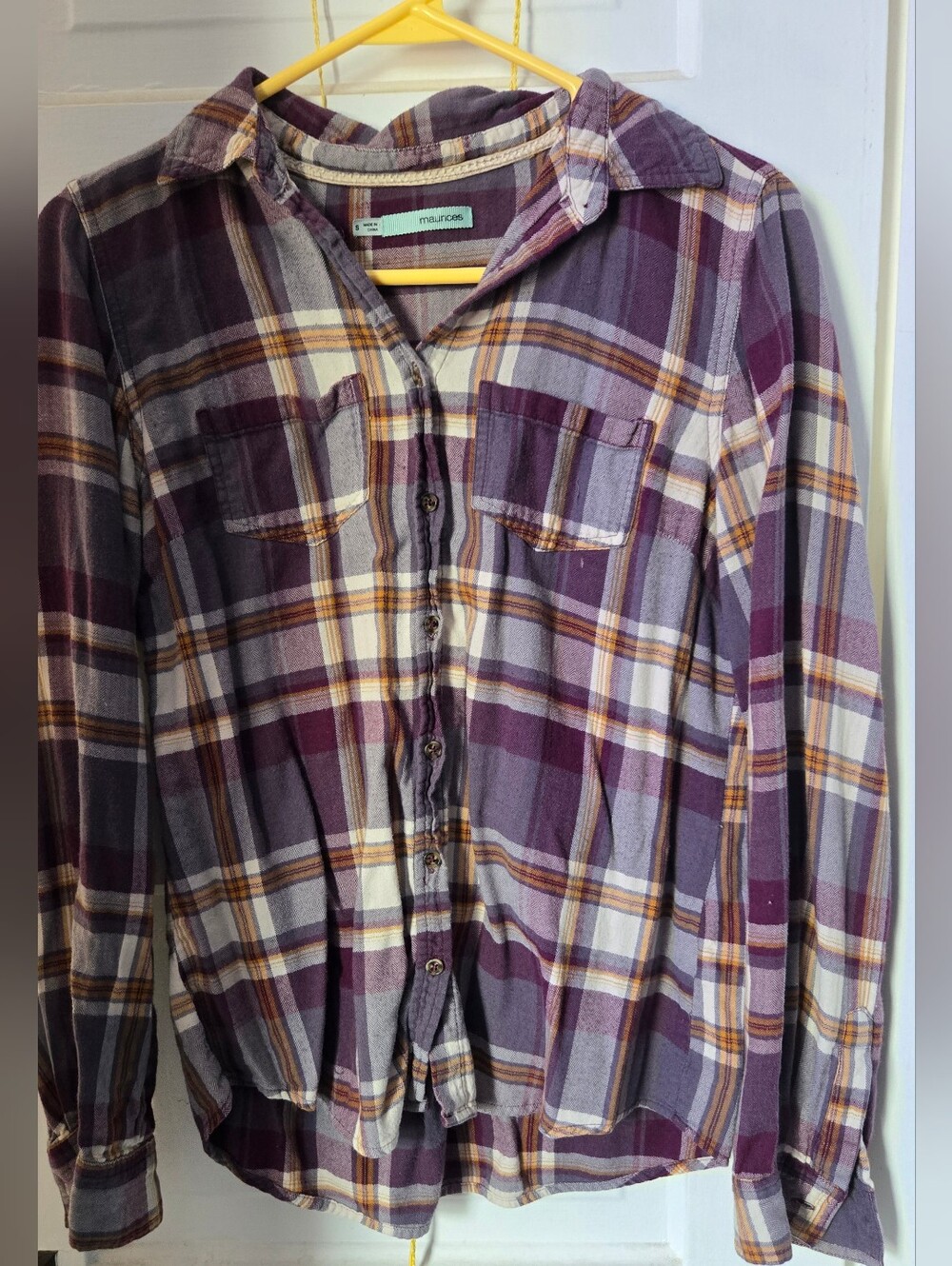 women's purple, mustard yellow, and gray plaid long-sleeve flannel button-down